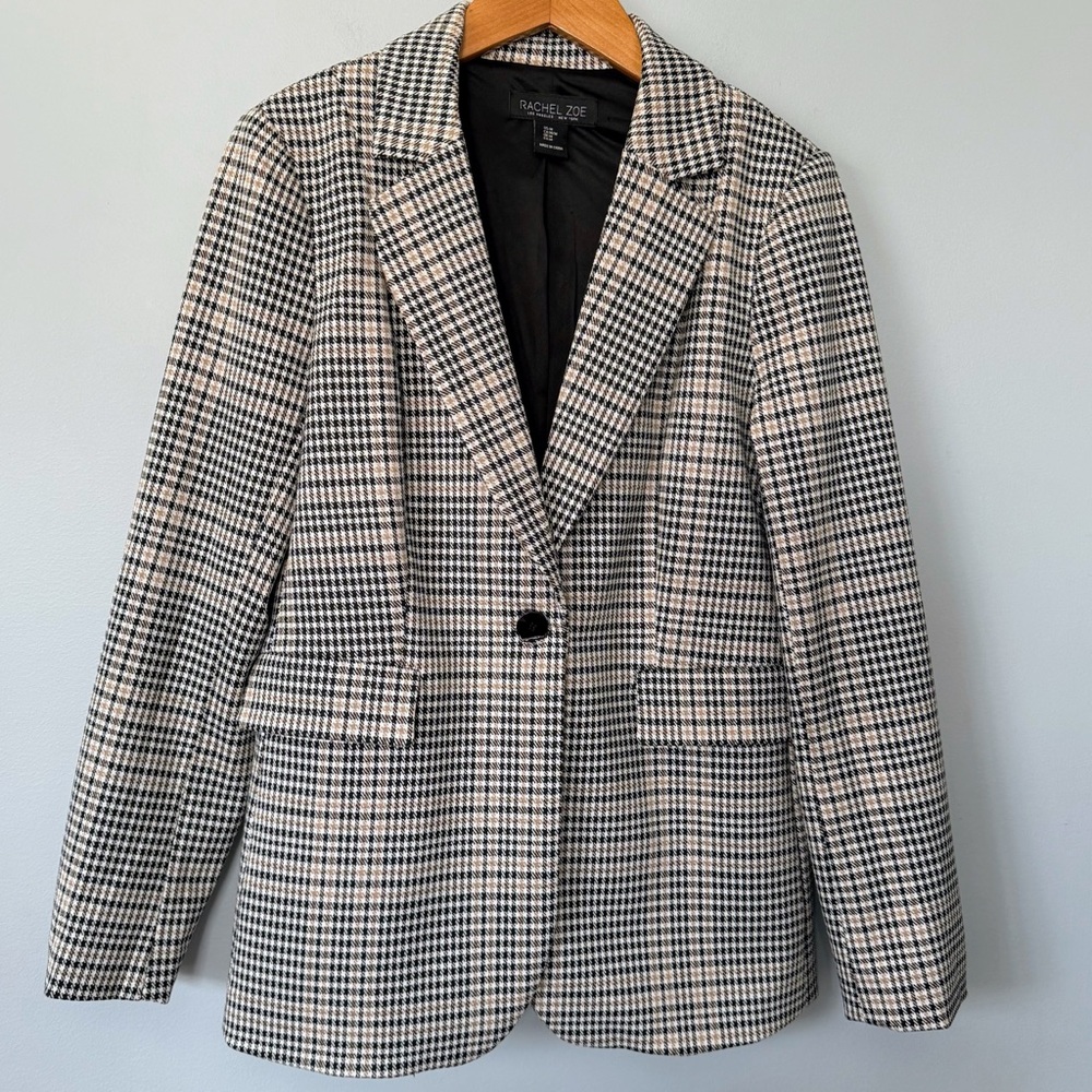 Rachel Zoe Houndstooth Plaid Blazer Jacket Black Beige Size Medium